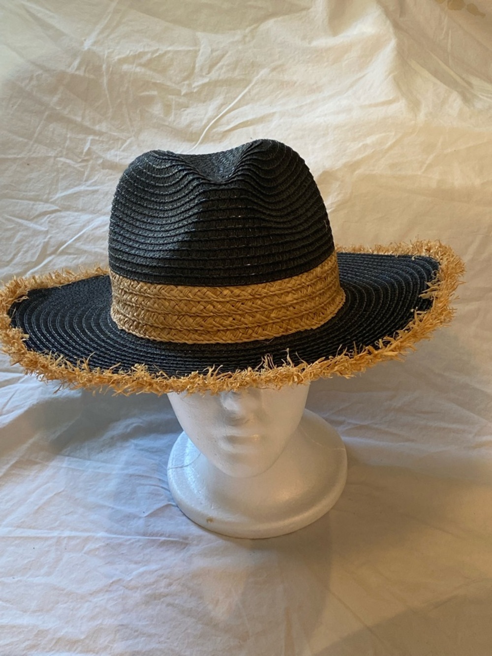 Lulla Adjustable Black Straw Fedora Hat with Natural Raffia Band